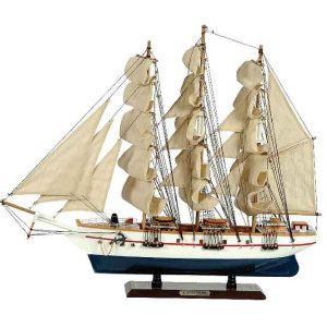 Ξύλινο Παραδοσιακό Καράβι 50 x 10 x 45 (H) cm, Χρώμα Λευκό - Μπλέ